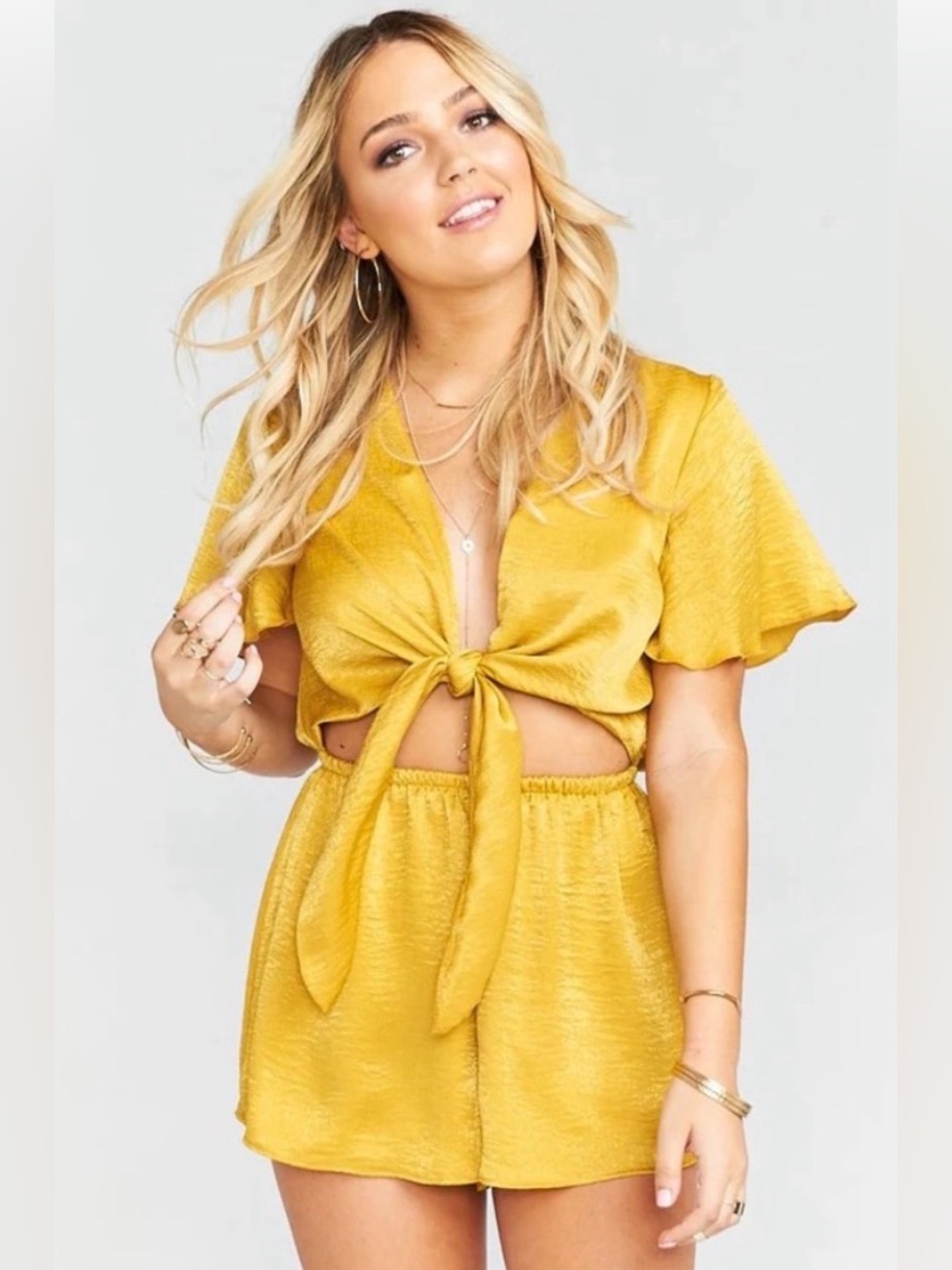 Show Me Your MuMu Gold- Yellow Tie-Front Satin Gia Romper in Medium